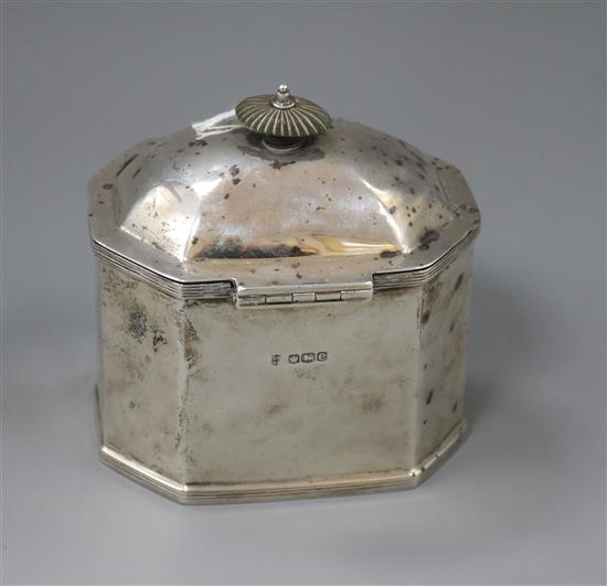 A George V silver octagonal tea caddy, Thomas Bradbury & Sons, Sheffield, 1920, 10.5cm.